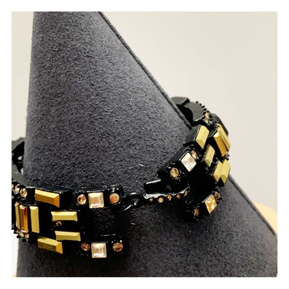 Black enamel and gold and champagne rhinestone art deco style bracelet - Picture 5 of 13